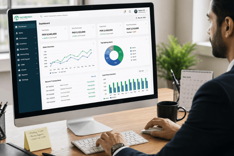 NatureTech Smart ERP solution integrating business operations, accounting, inventory, sales, and FBR Digital Invoicing for efficient enterprise management in Pakistan.