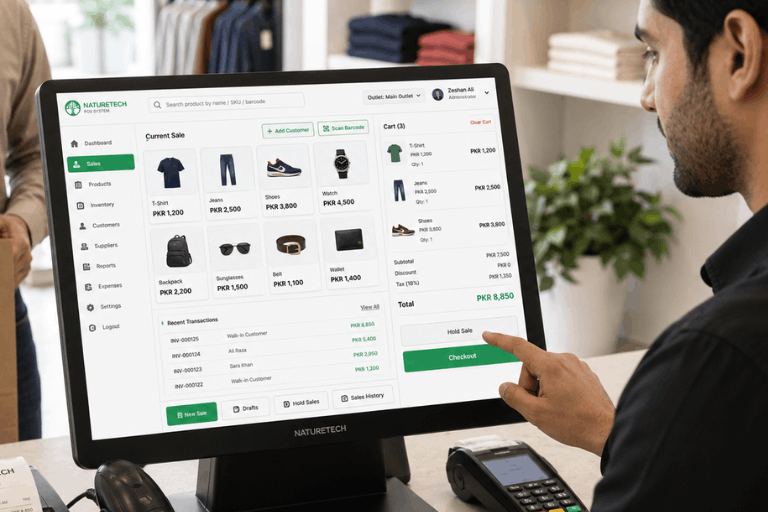NatureTech POS Integration solution connecting retail point-of-sale systems with FBR Digital Invoicing for automated billing, real-time reporting, and secure business operations in Pakistan.