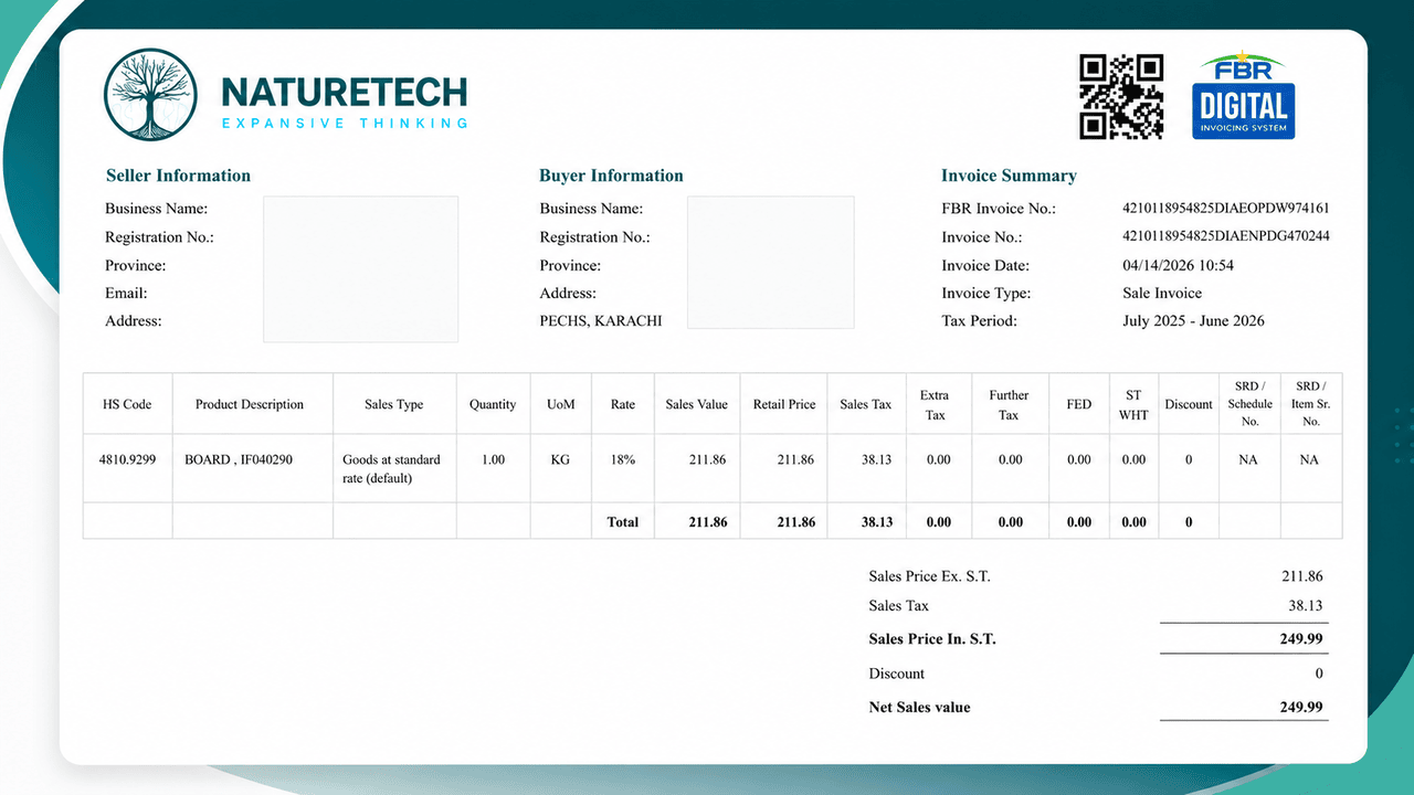 NatureTech digital invoice solution showing automated invoice generation, FBR Digital Invoicing compliance, and secure electronic billing for businesses in Pakistan.