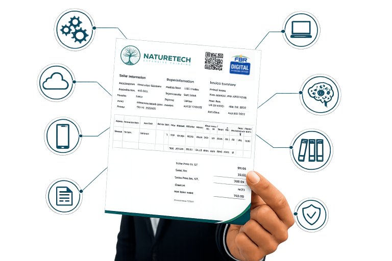 NatureTech digital invoicing system showing a modern electronic invoice with cloud integration, automation, secure document management, and business workflow features.