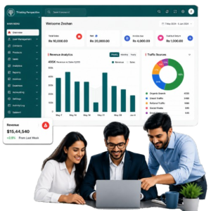 Analytics dashboard displaying FBR digital invoicing reports, sales trends, revenue charts, invoice statistics, and business performance metrics by NatureTech.