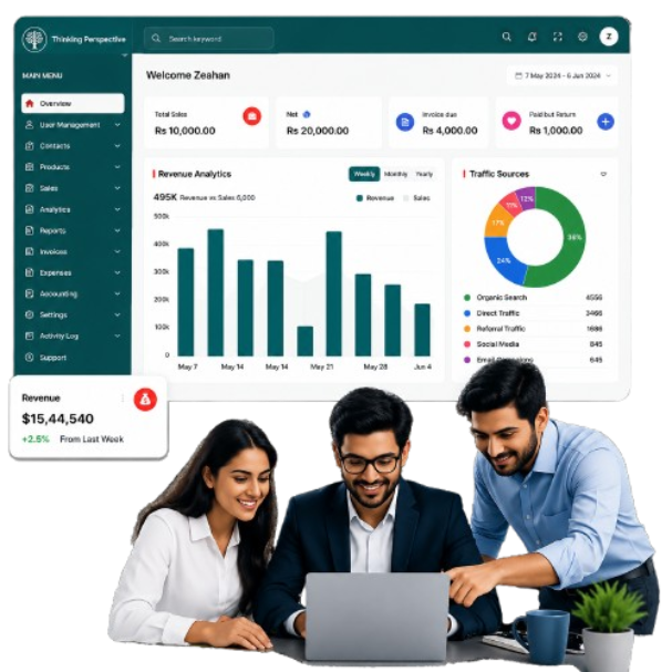 Analytics dashboard displaying FBR digital invoicing reports, sales trends, revenue charts, invoice statistics, and business performance metrics by NatureTech.