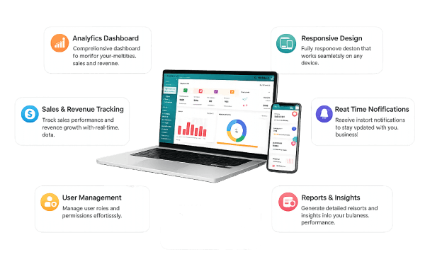 NatureTech analytics dashboard showing sales tracking, revenue insights, user management, real-time notifications, reports, and responsive business management features.