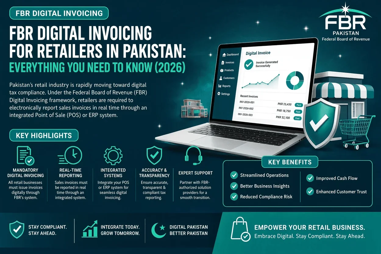 NatureTech infographic explaining FBR Digital Invoicing integration, electronic invoicing compliance, ERP integration, POS integration, invoice creation, modification, and web development services in Pakistan.