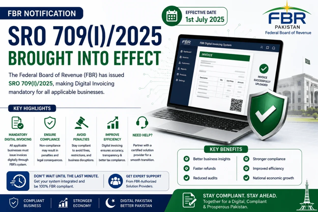 Understand Pakistan's SRO 709(I)/2025, mandatory FBR digital invoicing requirements, compliance deadlines, official notification, and ERP/POS integration process.